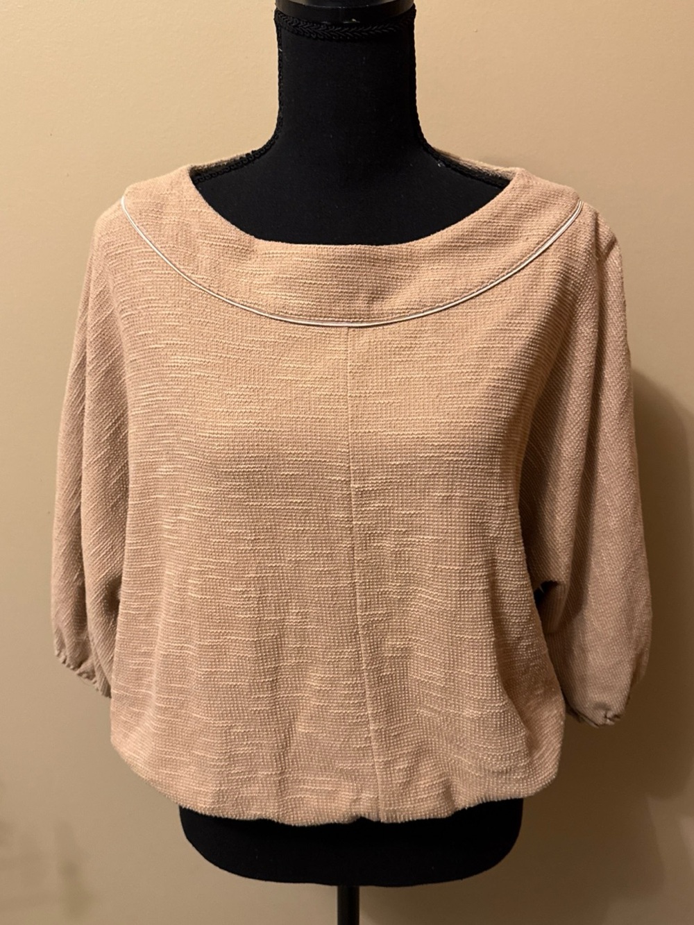 Anthropologie Beige Textured Crop Top with Silver Trim